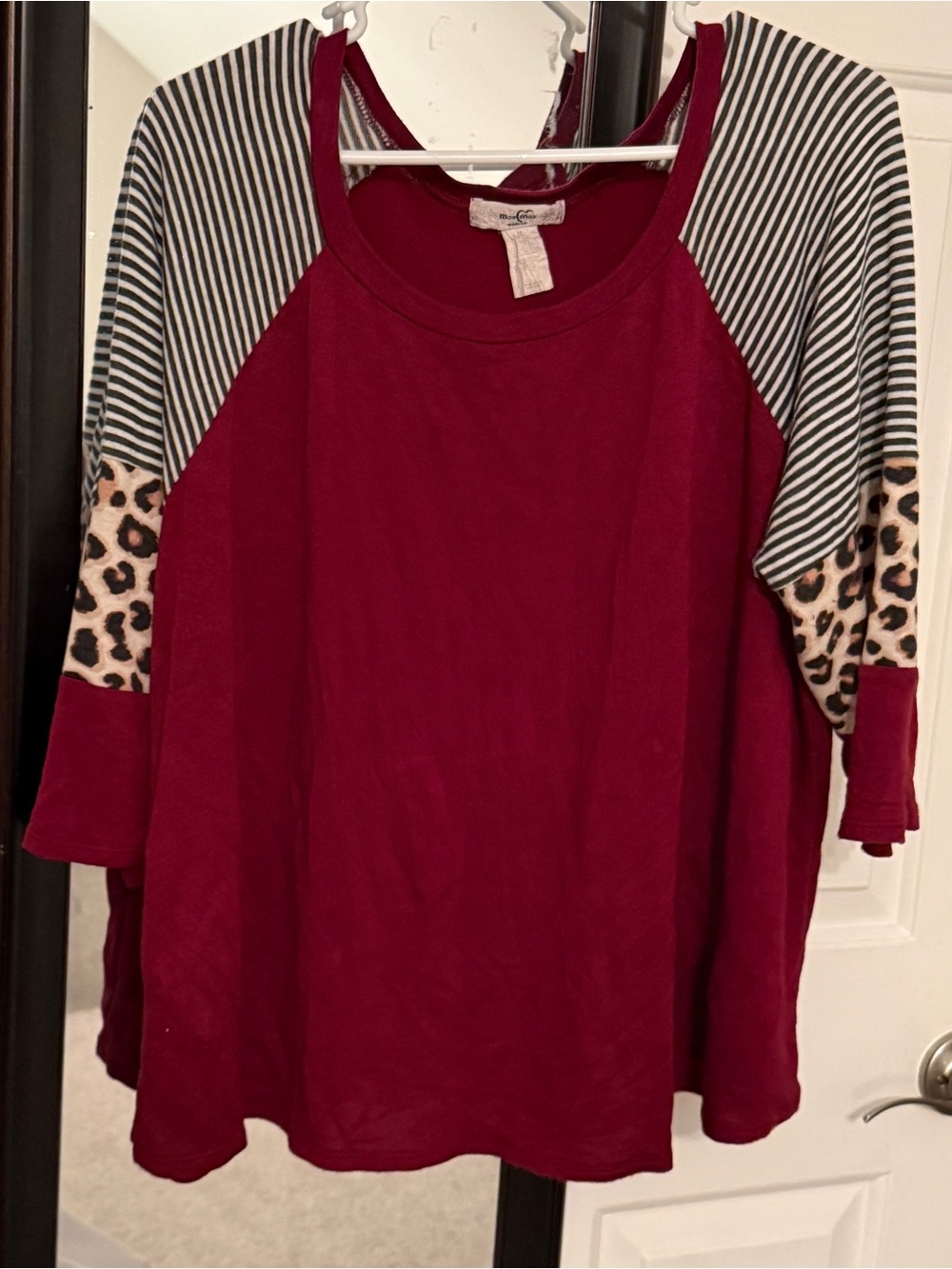 Women's Burgundy Raglan Sleeve Top with Striped and Leopard Detail 1X
